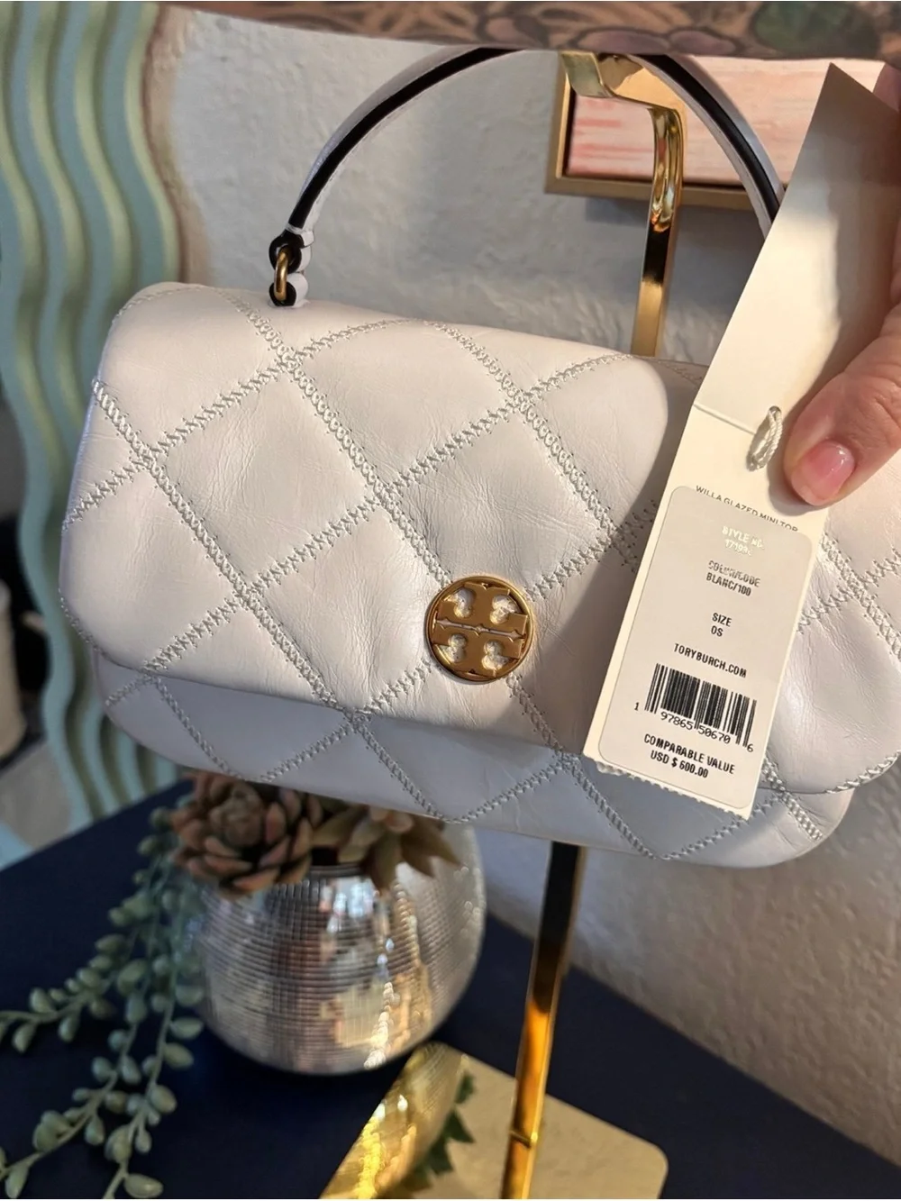 Tory Burch Light Gray Quilted Leather Shoulder Bag with Gold Hardware
